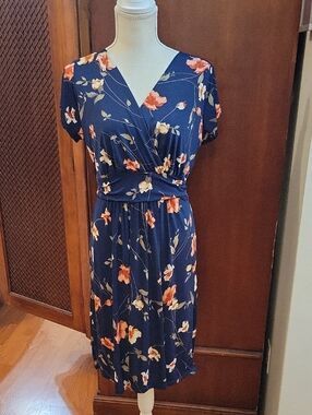 New Kaileigh Stitch Fix V-Neck Faux Wrap Knit Dress Navy Blue Floral Women’s XL*